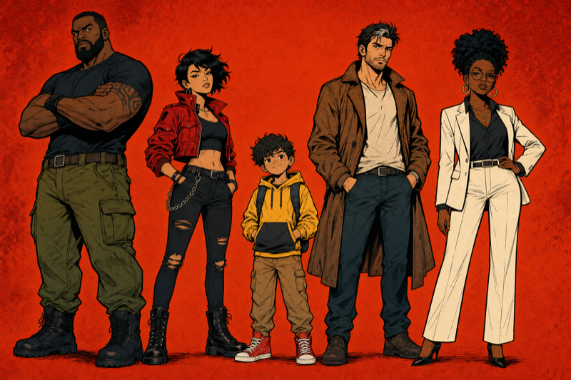 Character sheet lineup with diverse illustrated characters