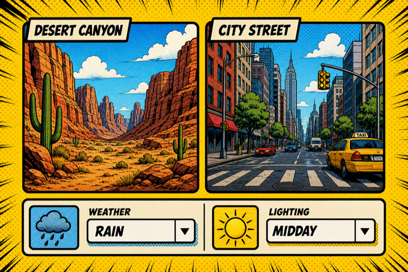 Location cards and attributes form for weather, lighting and mood