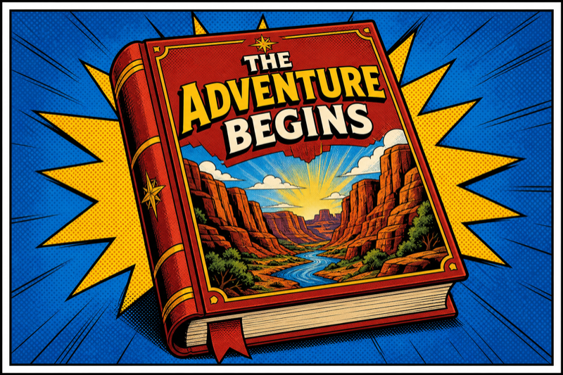 Illustrated storybook titled The Adventure Begins