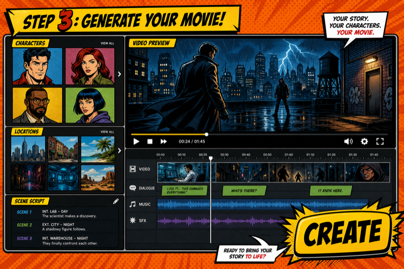 Video editor interface with character picks, timeline and create button